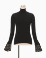 Embroidery Cuff High Neck Knit Top - black