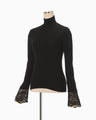 Embroidery Cuff High Neck Knit Top - black