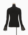 Embroidery Cuff High Neck Knit Top - black