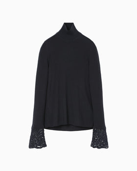 Embroidery Cuff High Neck Knit Top - navy