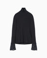Embroidery Cuff High Neck Knit Top - navy