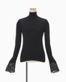 Embroidery Cuff High Neck Knit Top - navy