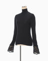 Embroidery Cuff High Neck Knit Top - navy