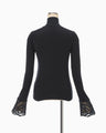 Embroidery Cuff High Neck Knit Top - navy
