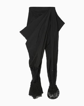 Nylon Tucked Trousers with Cording Embroidery Detail - black