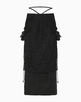 Nylon Skirt with Cording Embroidery Detail - black