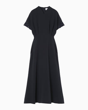 Triacetate Polyester Embroidered Short Sleeve Dress - navy