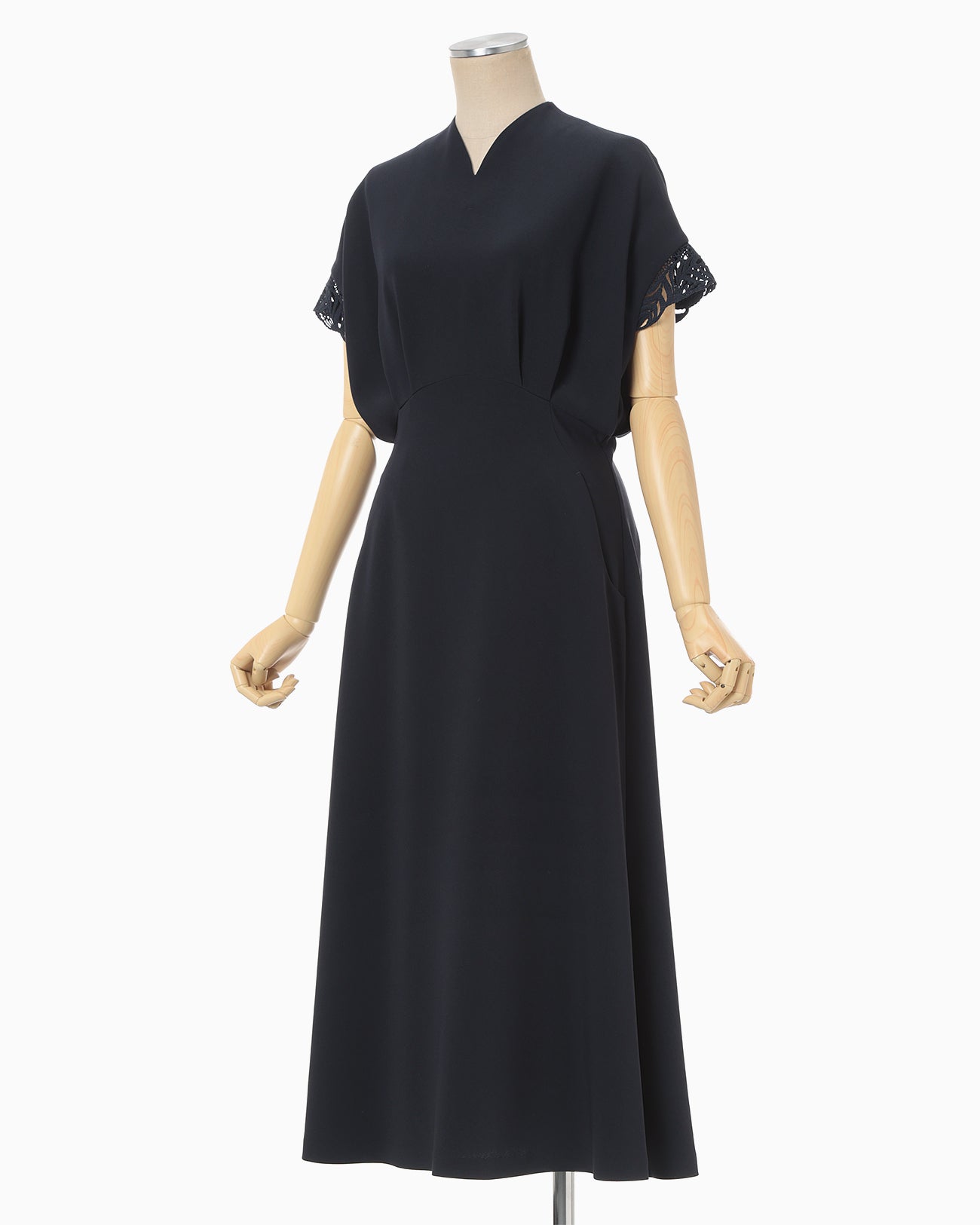 ミドリイシ　６ Triacetate Polyester Embroidered Short Sleeve Dress - navy - Mame