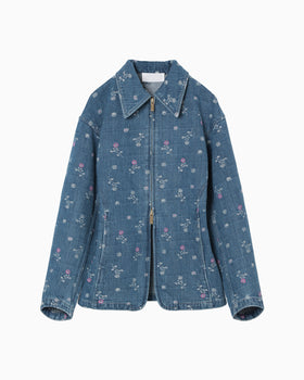 Floral Jacquard Denim Jacket - blue