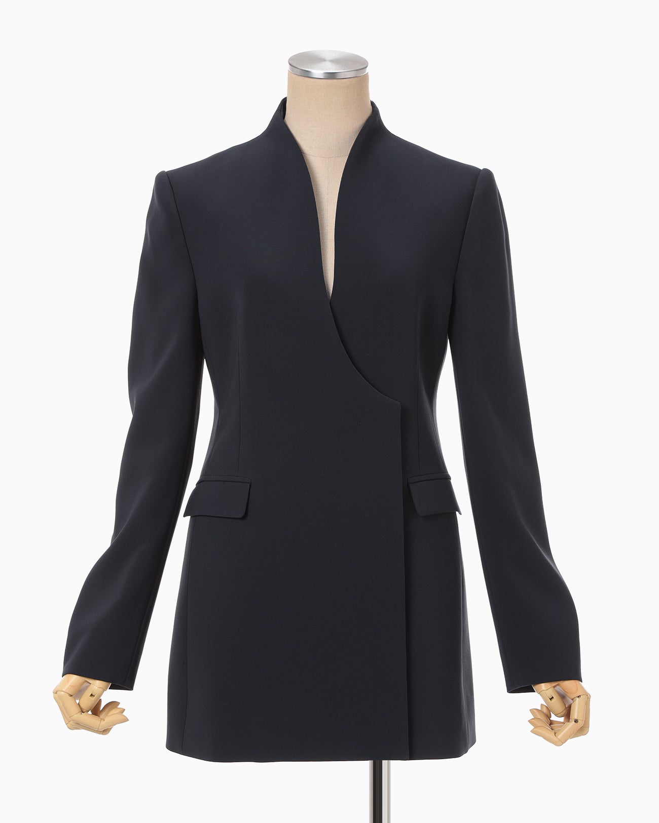 Acetate Polyester Collarless Double Breasted Suit Jacket - navy