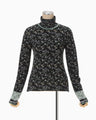Floral Motif Glitter High Neck Knit Top - black