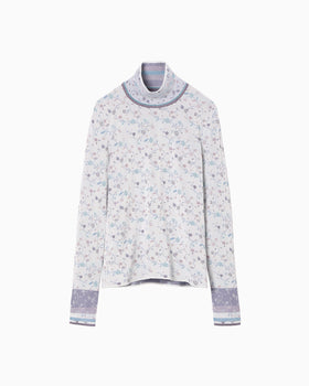 Floral Motif Glitter High Neck Knit Top - white