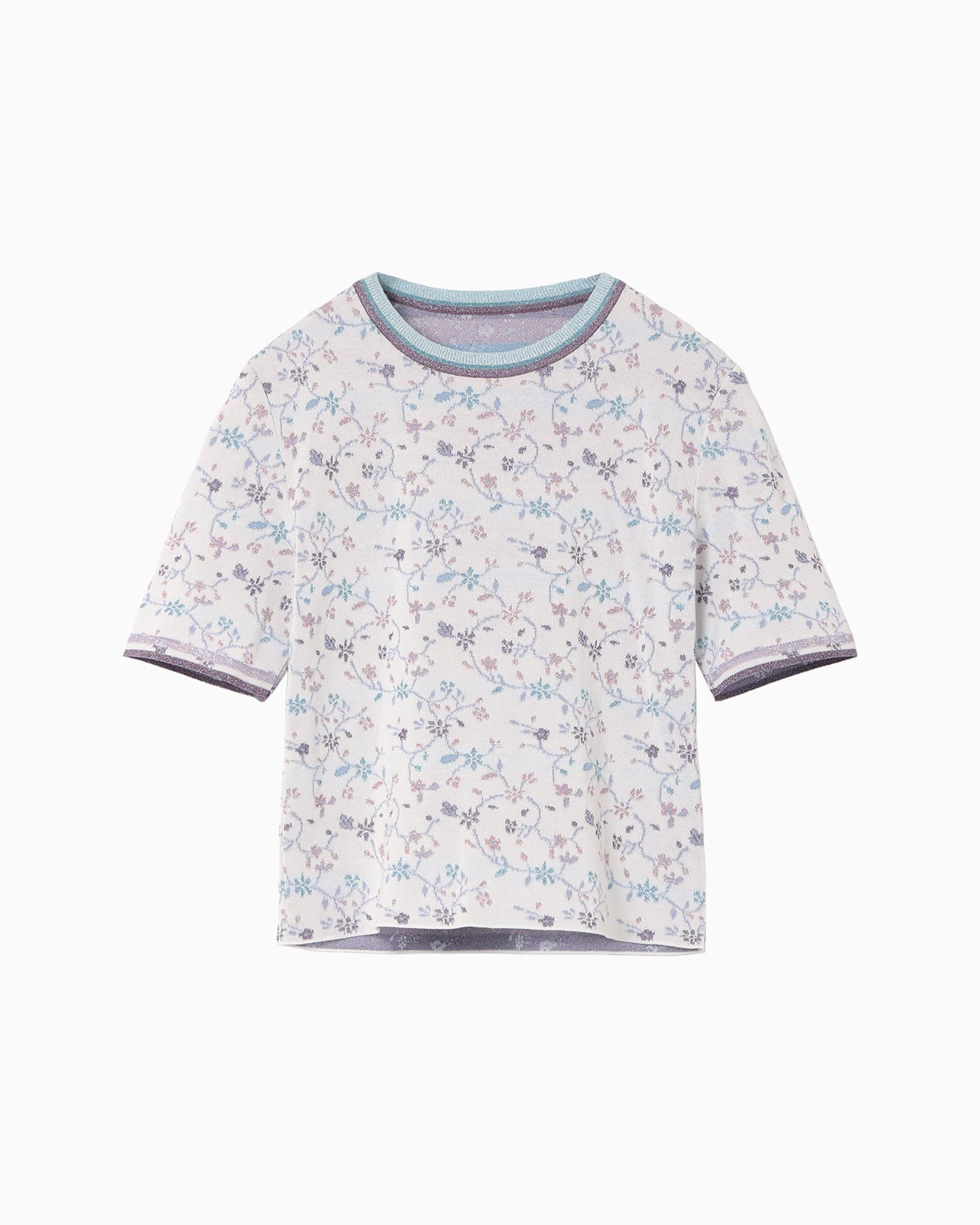 Floral Motif Glitter Short Sleeve Knit Top - white - Mame Kurogouchi