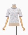 Floral Motif Glitter Short Sleeve Knit Top - white