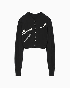 3D Floral Motif Knit Cardigan - black