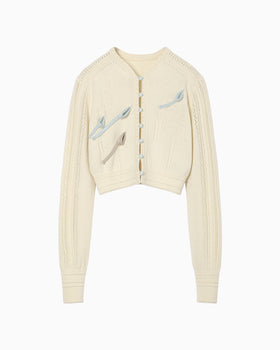 3D Floral Motif Knit Cardigan - ecru