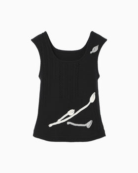 3D Floral Motif Sleeveless Knit Top - black