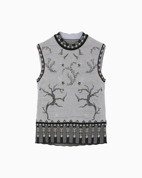 Layered Jacquard Sleeveless Knit Top - black