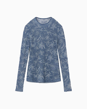 Floral Jacquard Sheer Knit Top - navy