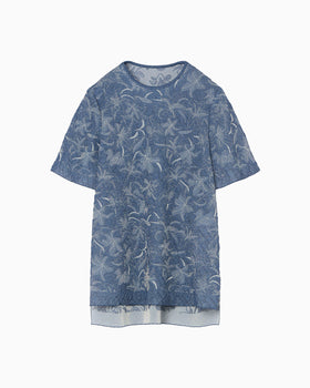 Floral Jacquard Sheer Short Sleeve Knit Top - navy