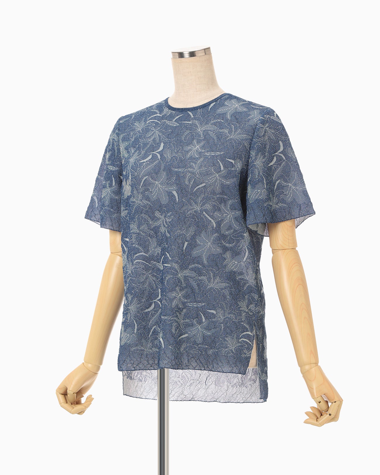 Floral Jacquard Sheer Short Sleeve Knit Top - navy - Mame Kurogouchi