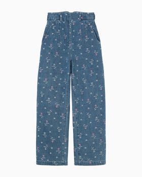 Floral Jacquard High Waisted Denim Trousers - blue