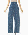 Floral Jacquard High Waisted Denim Trousers - blue