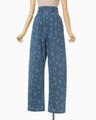 Floral Jacquard High Waisted Denim Trousers - blue