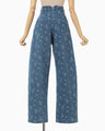 Floral Jacquard High Waisted Denim Trousers - blue