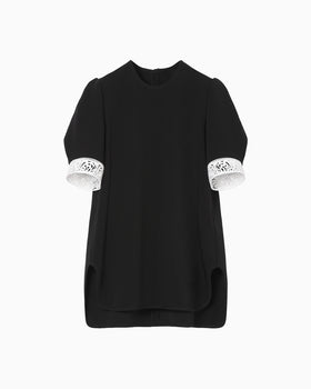 Triacetate Polyester Embroidered Short Sleeve Top - black