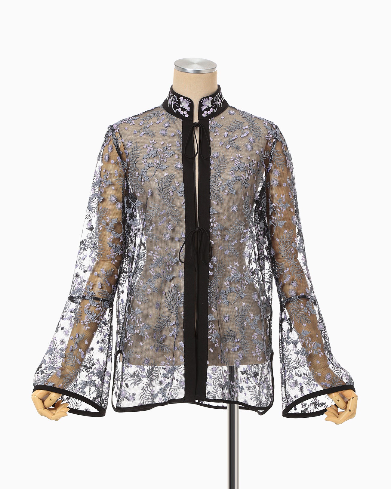 Tulle Lace Stand Collar Shirt - black - Mame Kurogouchi