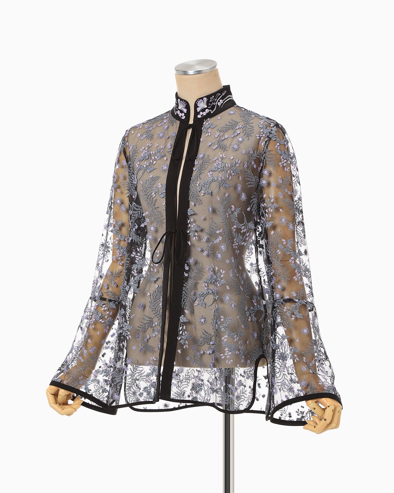 Tulle Lace Stand Collar Shirt - black - Mame Kurogouchi