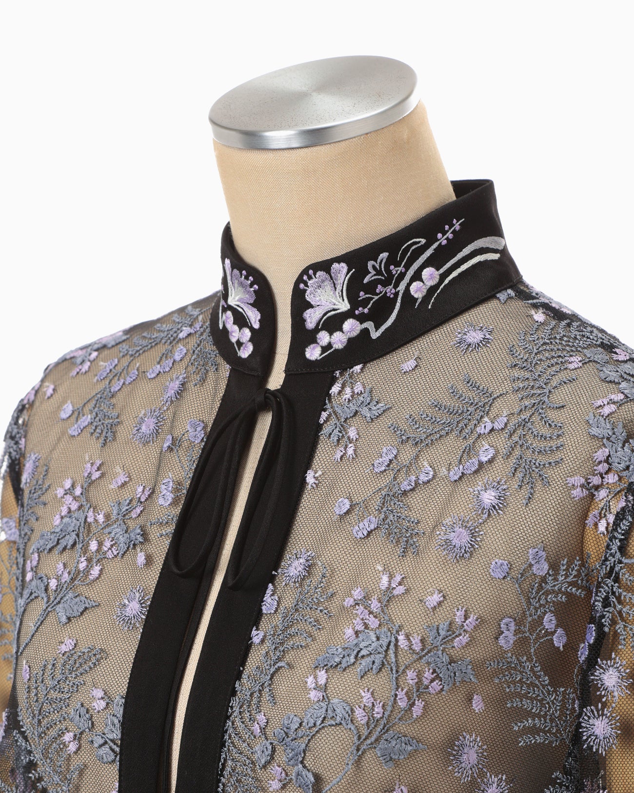 Tulle Lace Stand Collar Shirt - black - Mame Kurogouchi