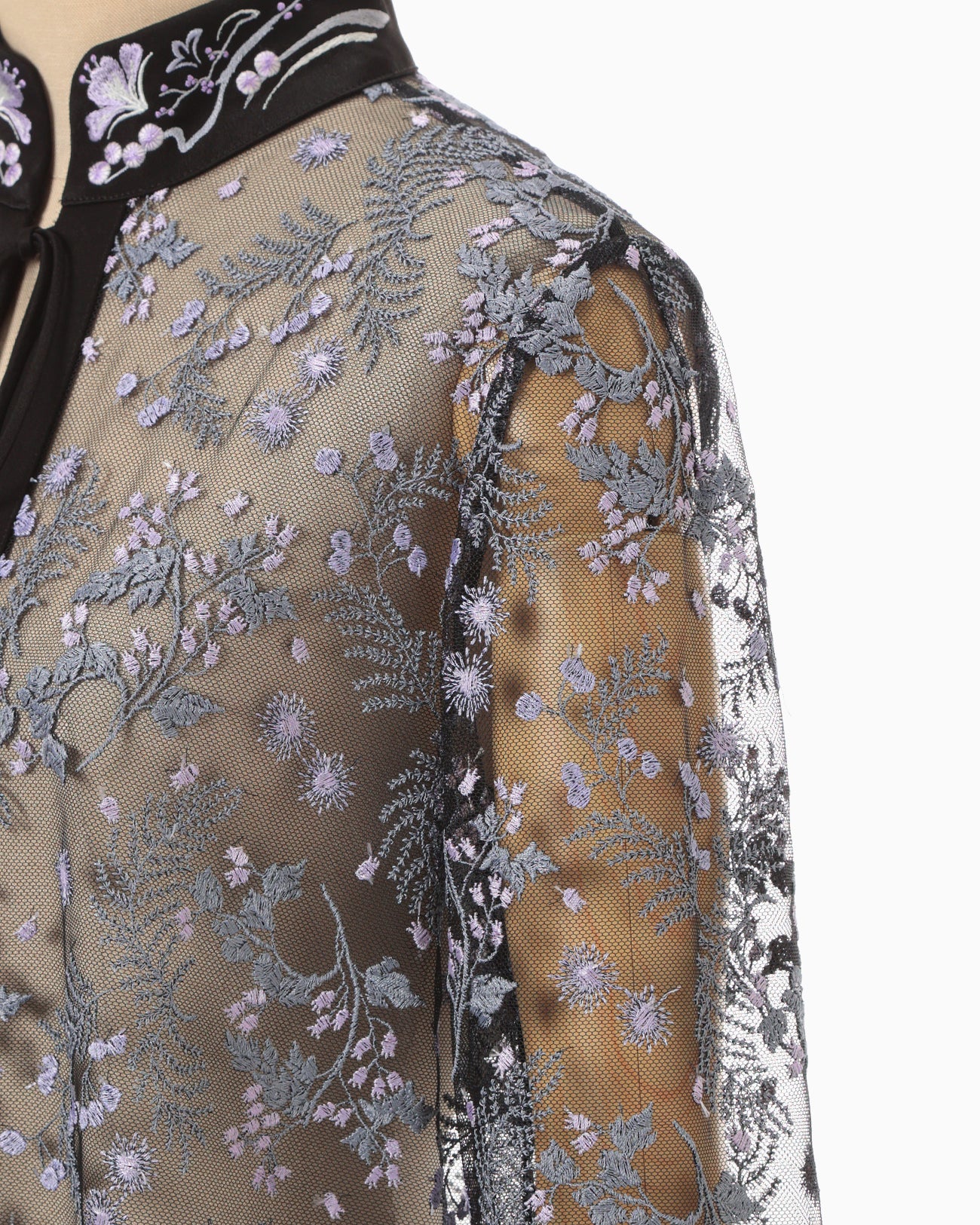 Tulle Lace Stand Collar Shirt - black - Mame Kurogouchi