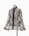 Tulle Lace Stand Collar Shirt - navy