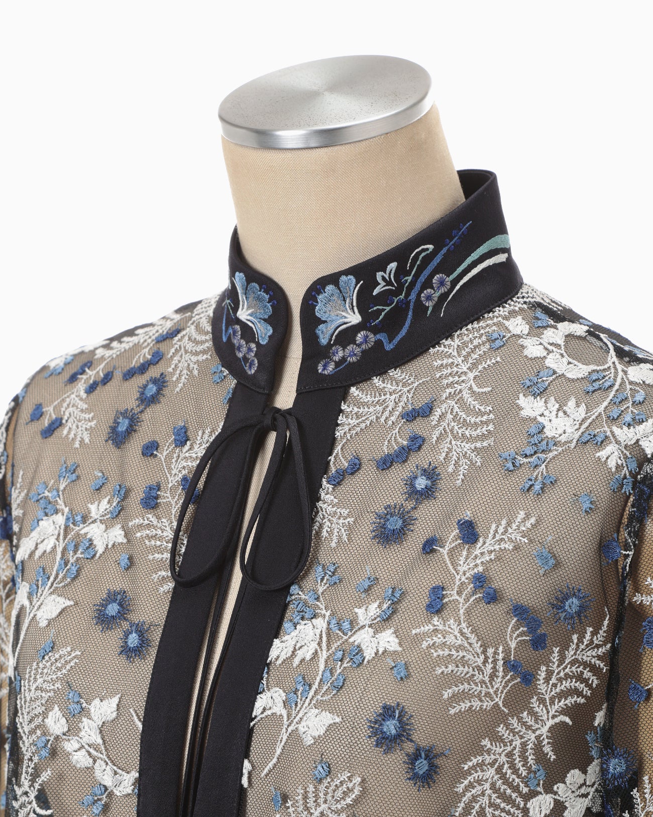 Tulle Lace Stand Collar Shirt - navy - Mame Kurogouchi