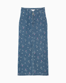 Floral Jacquard High Waisted Denim Skirt - blue