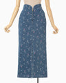 Floral Jacquard High Waisted Denim Skirt - blue