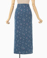 Floral Jacquard High Waisted Denim Skirt - blue