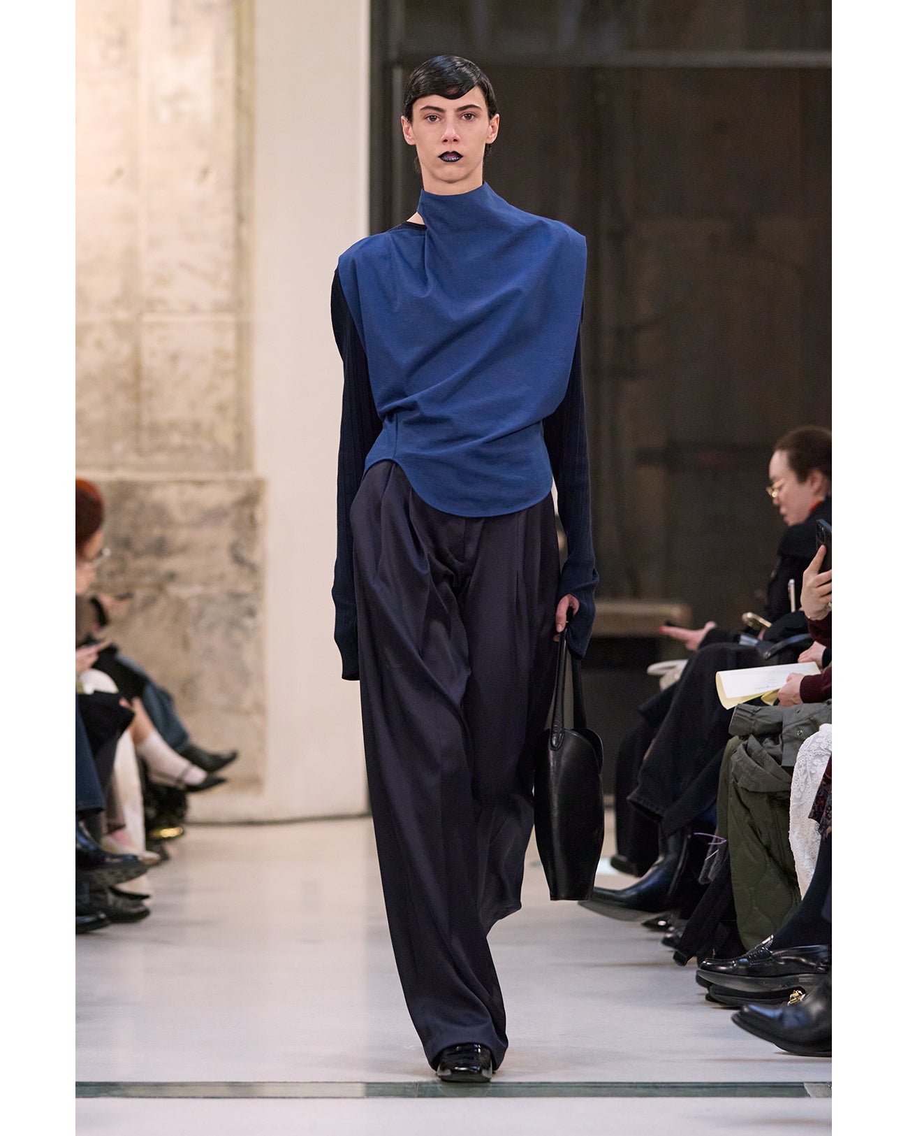 Embossed Leather Motif Triacetate High Waisted Trousers - navy