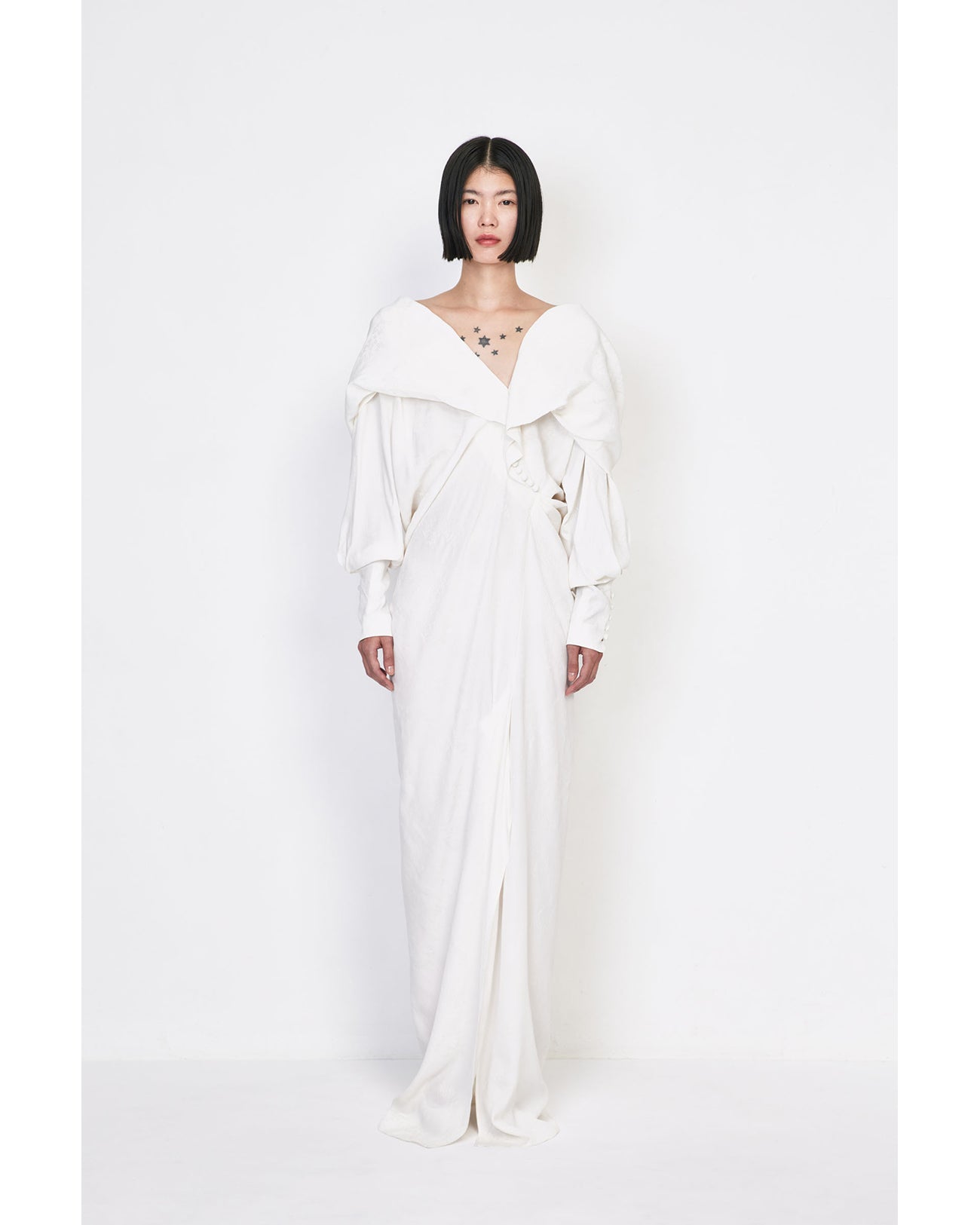 Floral Jacquard Asymmetry Drape Dress - ecru