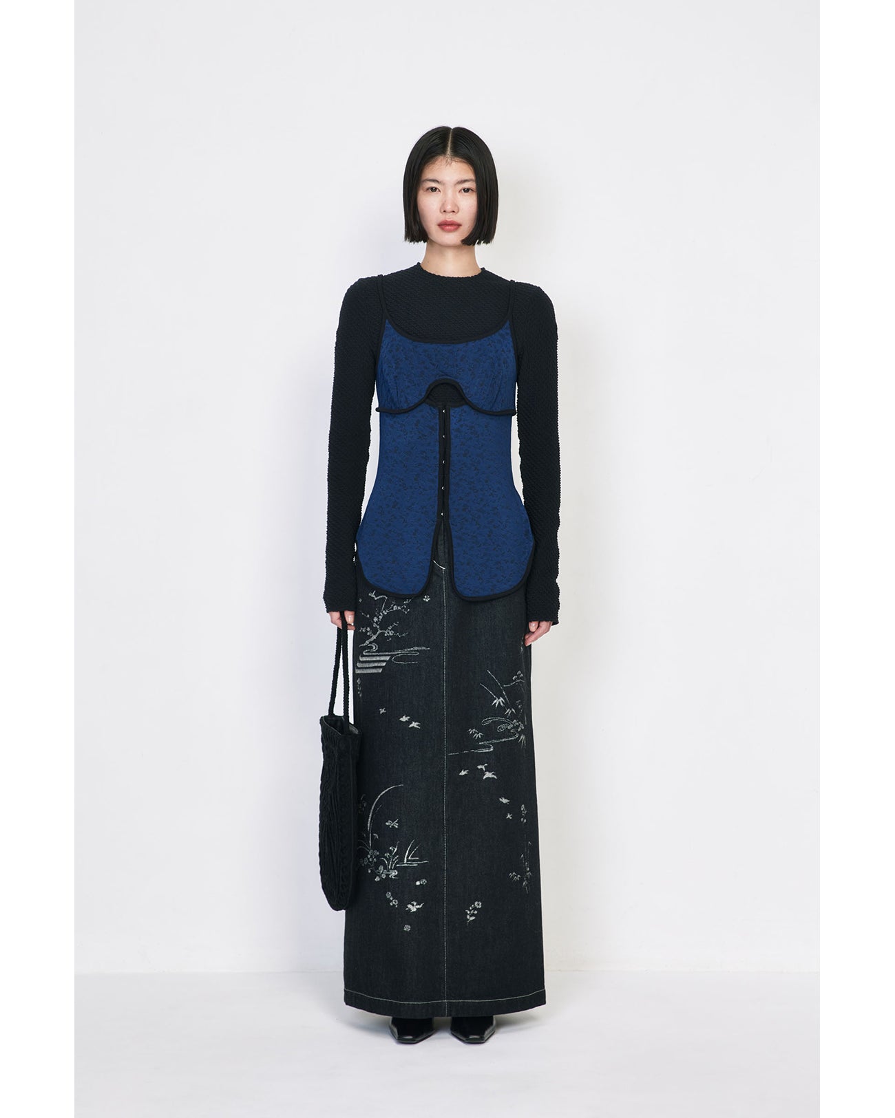 Shirring Jersey Jacquard Long Sleeve Top - light blue
