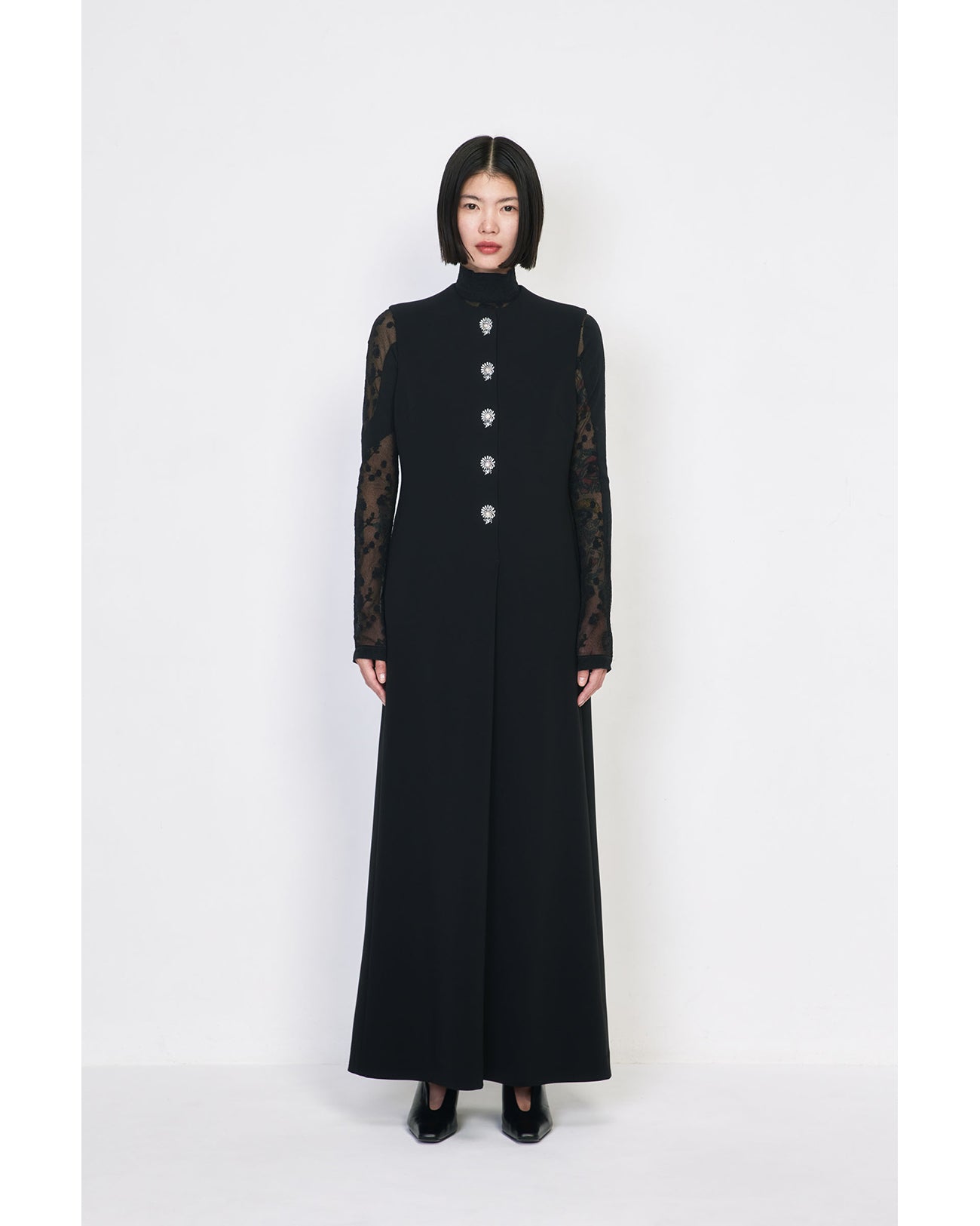 Acetate Polyester Embroidered Buttonholes Sleeveless Dress - navy