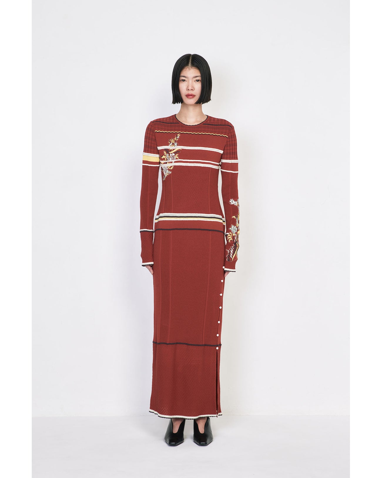 Floral Motif Intarsia Knitted Dress - vermillion