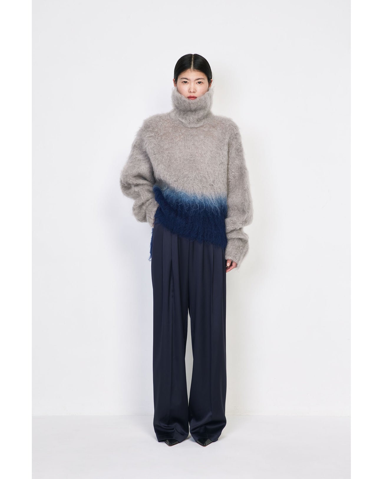 Embossed Leather Motif Triacetate High Waisted Trousers - navy