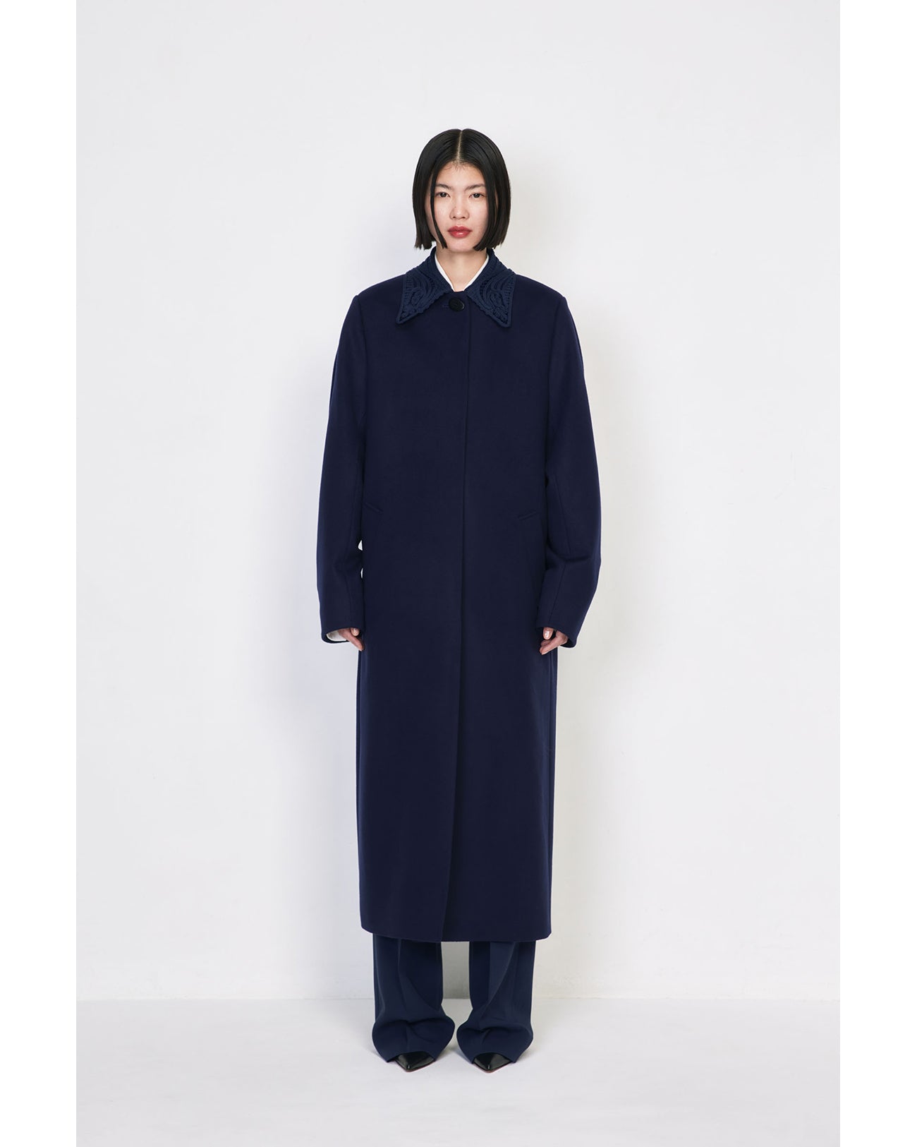 Wool Melton Embroidery Collar Long Coat - navy