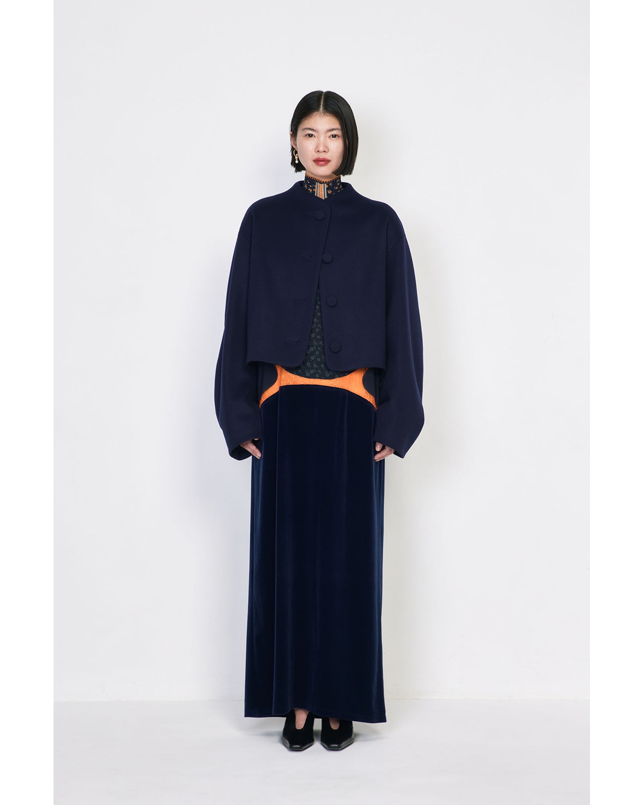 Floral Jacquard High Neck Knitted Top - navy
