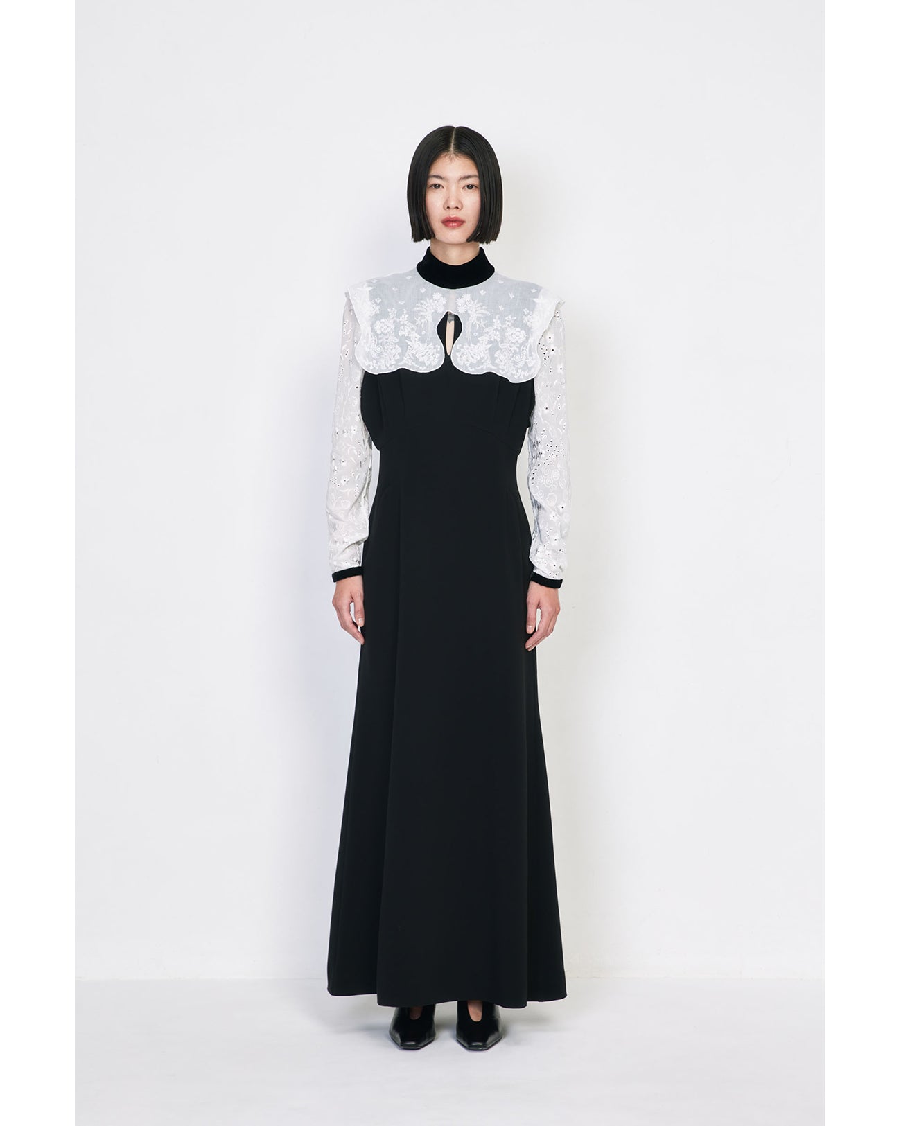 テテトレカ Triacetate Georgette Embroidery Collar Dress - black - Mame