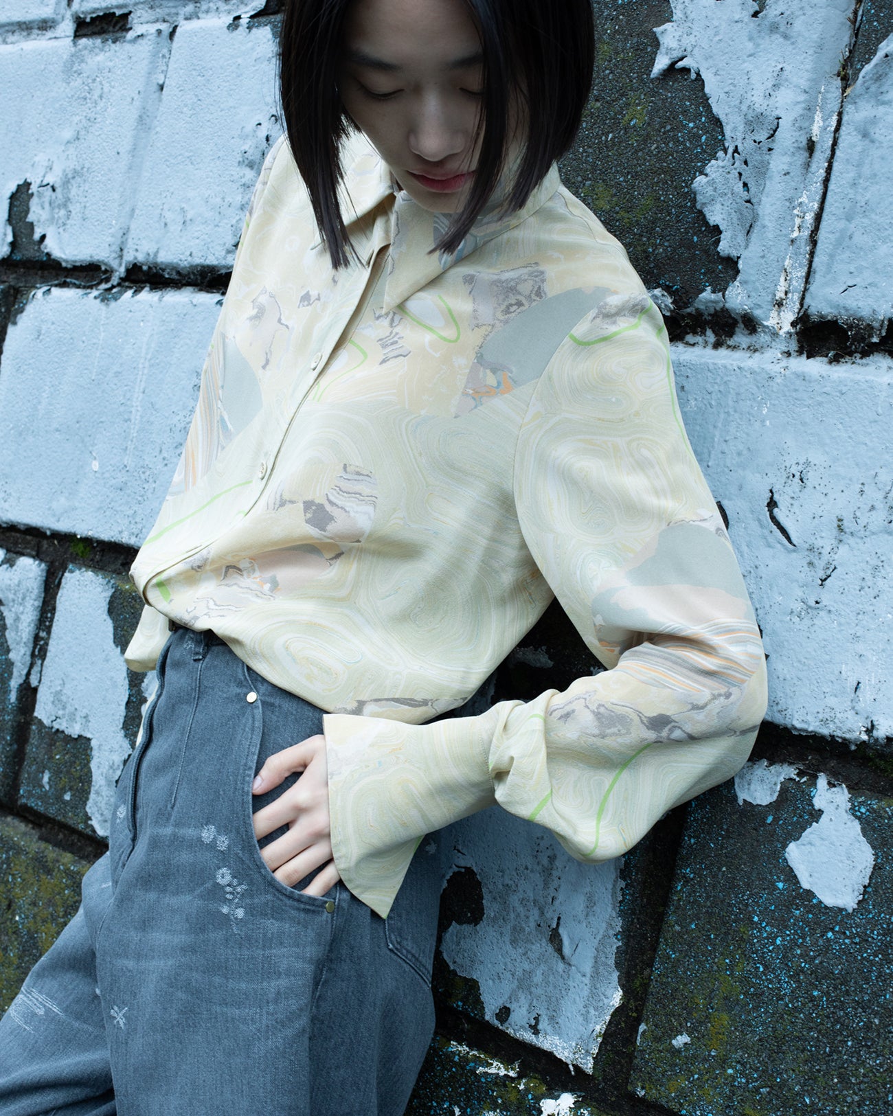 Marble Print Silk Shirt - beige
