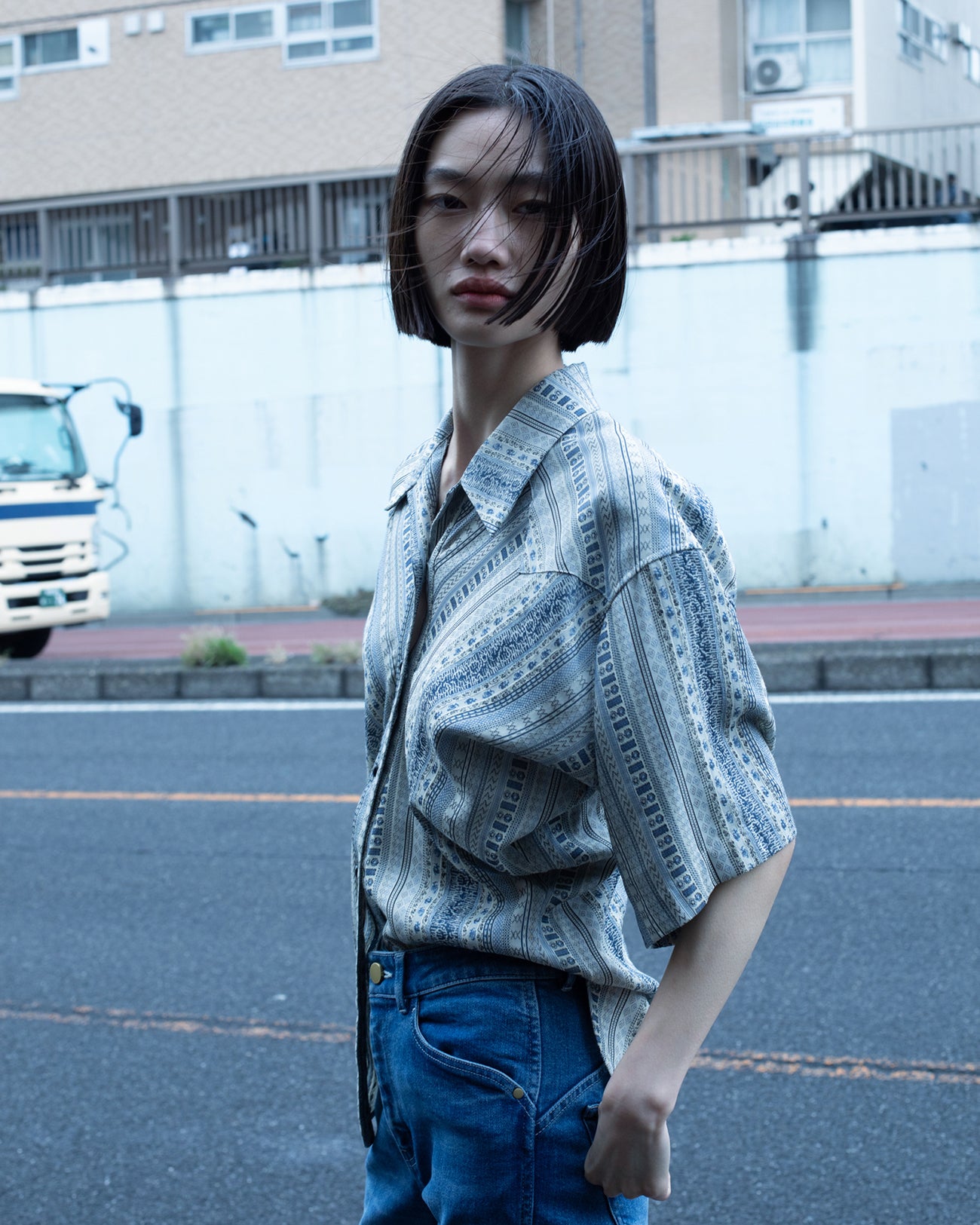Stripe Jacquard Open-Collar Shirt - blue